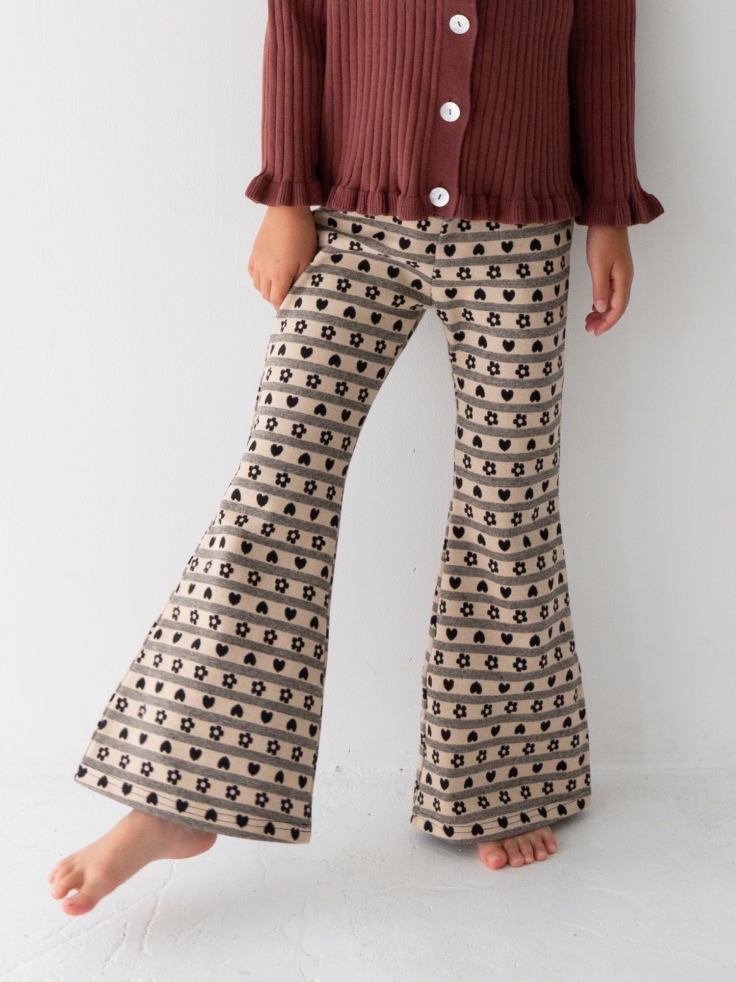 Pippi+Lotta Flower Flare Heart Printed Pants Beige Black Pippi+Lotta