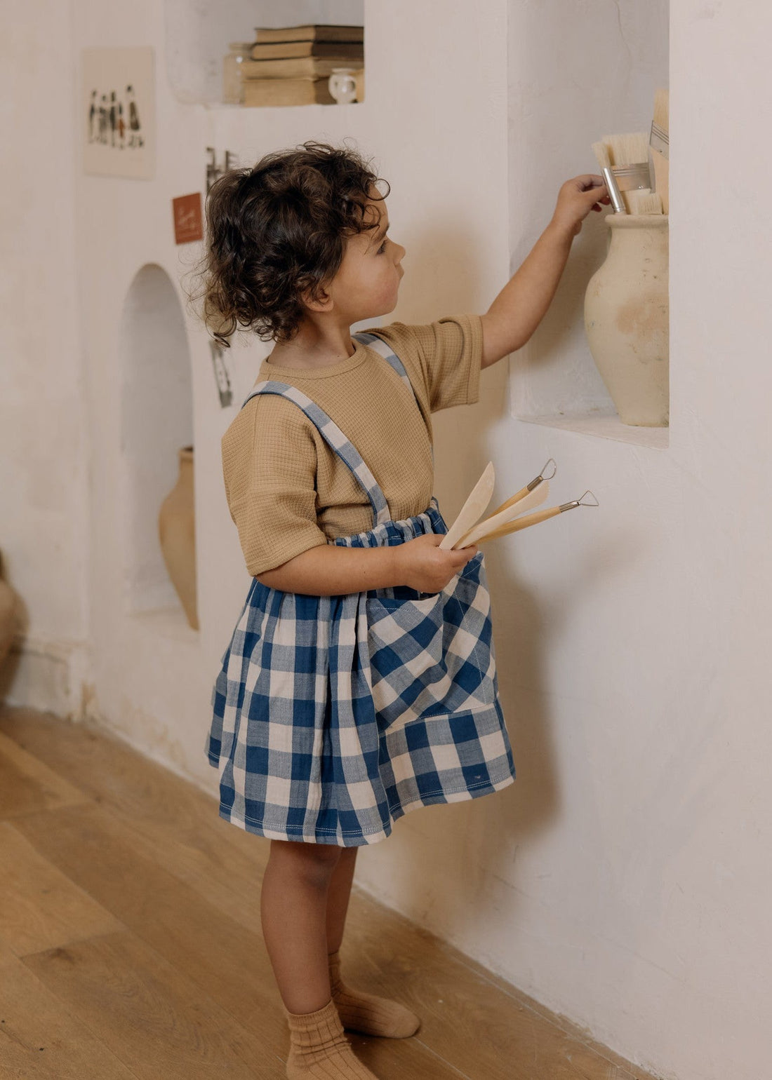 Organic Zoo Pottery Blue Gingham Maker Crossback Skirt Organic Zoo