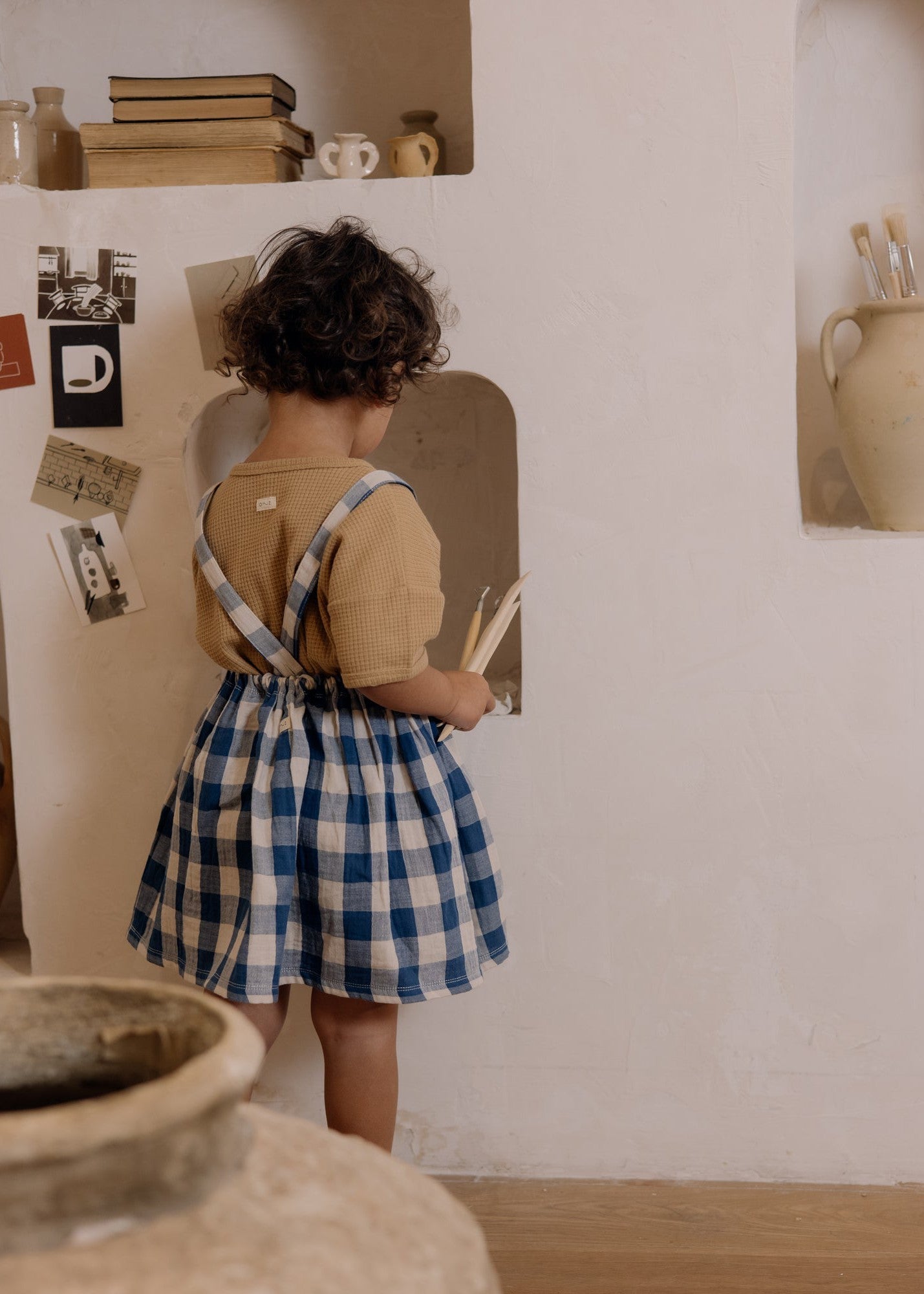 Organic Zoo Pottery Blue Gingham Maker Crossback Skirt Organic Zoo