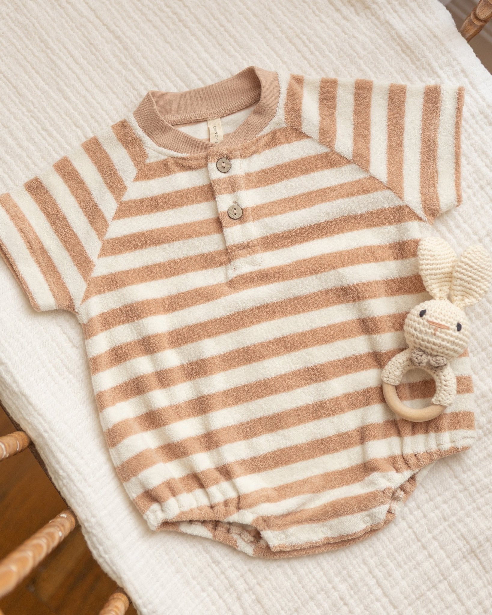 Quincy Mae Terry Henley Romper Latte Stripe Quincy Mae