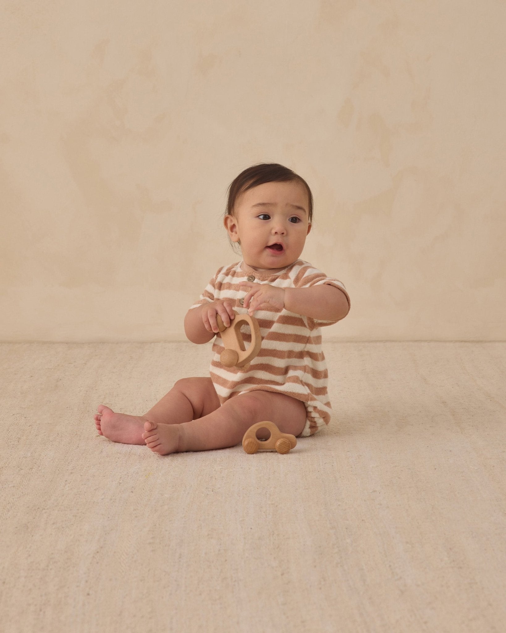 Quincy Mae Terry Henley Romper Latte Stripe Quincy Mae
