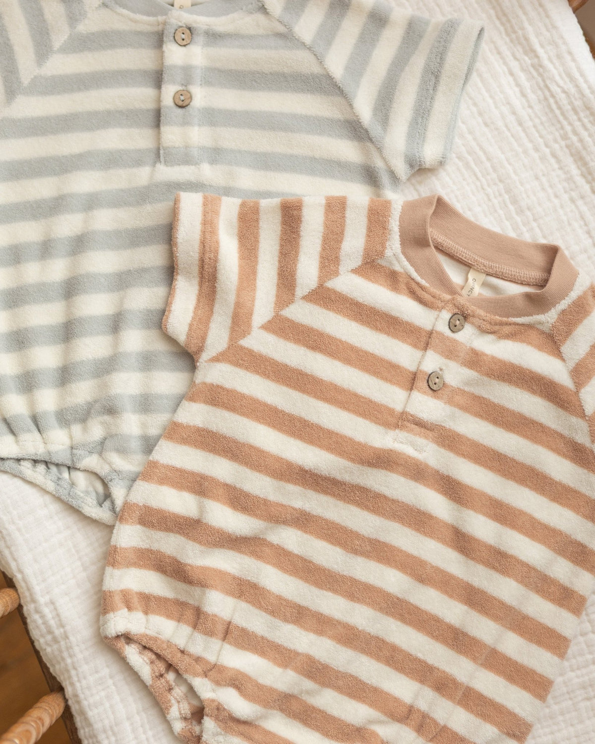 Quincy Mae Terry Henley Romper Latte Stripe Quincy Mae