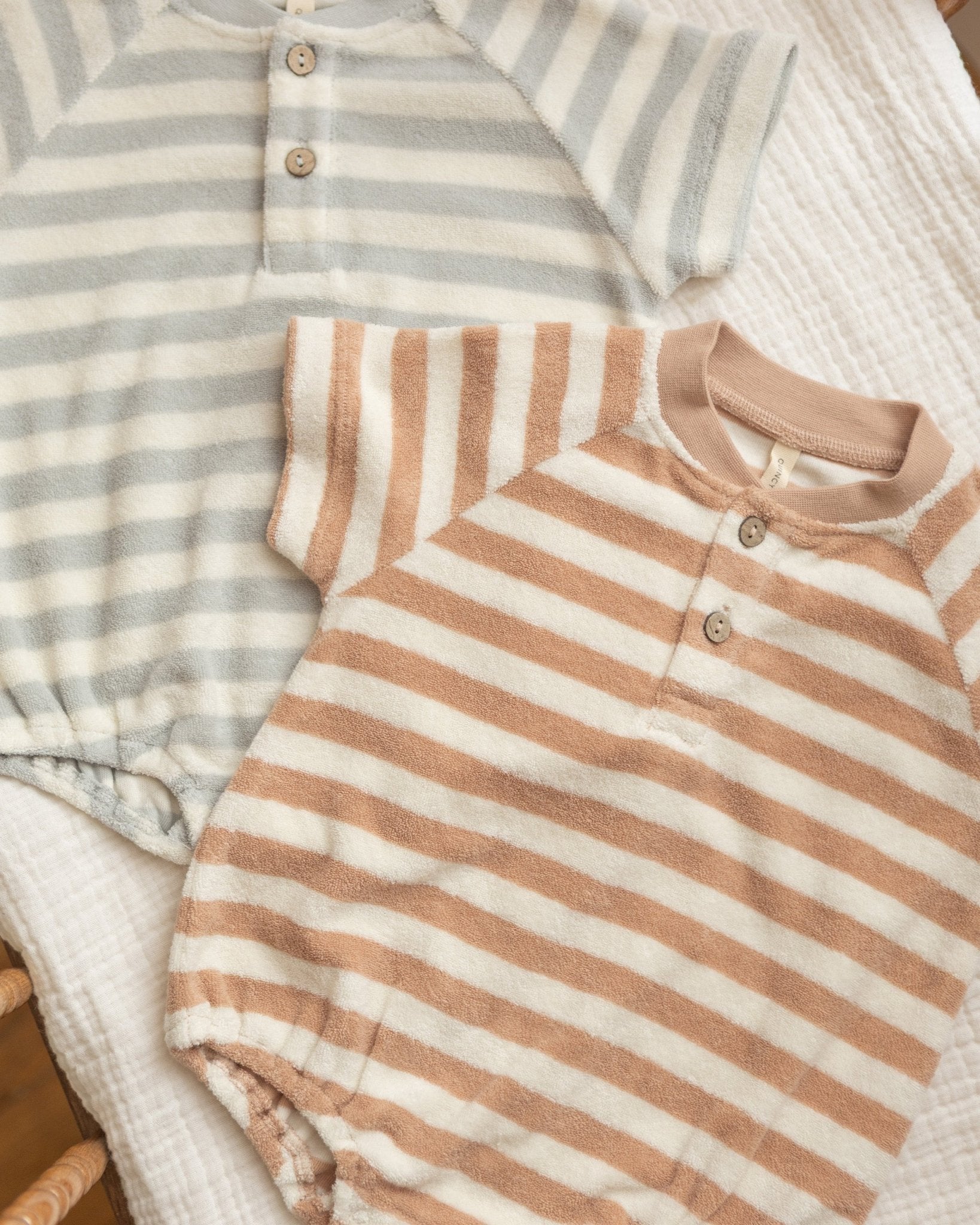 Quincy Mae Terry Henley Romper Latte Stripe Quincy Mae