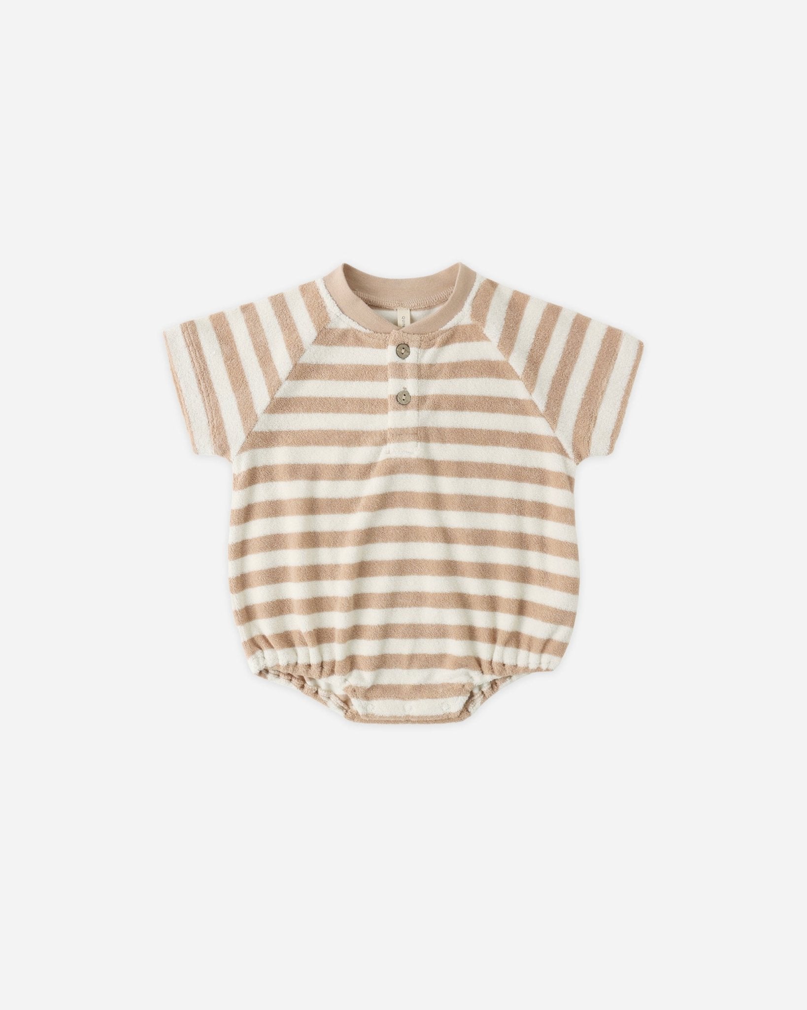 Quincy Mae Terry Henley Romper Latte Stripe Quincy Mae