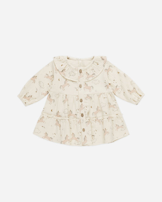 Ruffle Collar Button Dress || Unicorns Quincy Mae - enjoykidsus