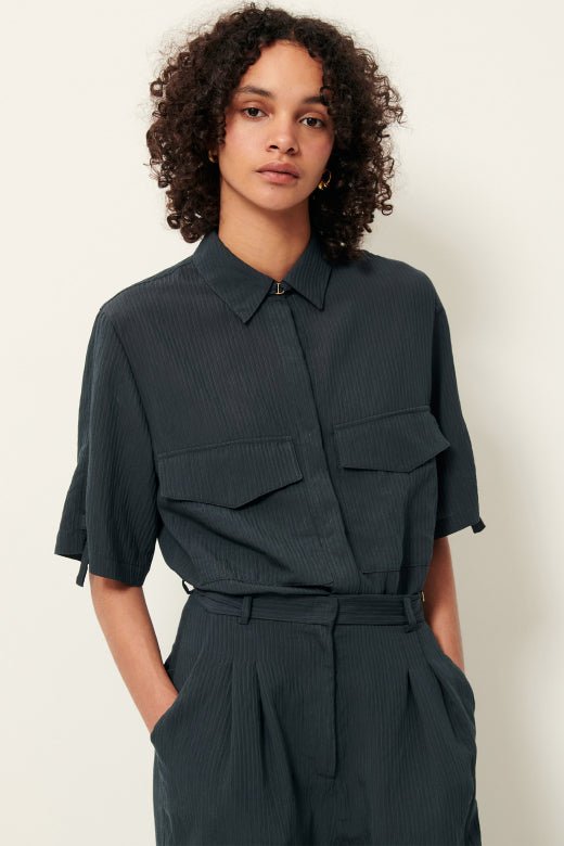 Sessùn SIMONIN Short Sleeve Jacquard Blouse – Smoke Green Sessùn