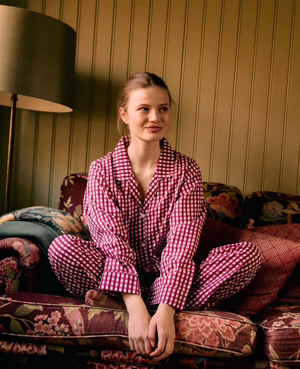 Sissel Edelbo Nuit Berry Hedge shirt and pants worn indoors