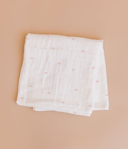 The Blueberry Hill pink bow Organic Muslin Baby Swaddle Blanket