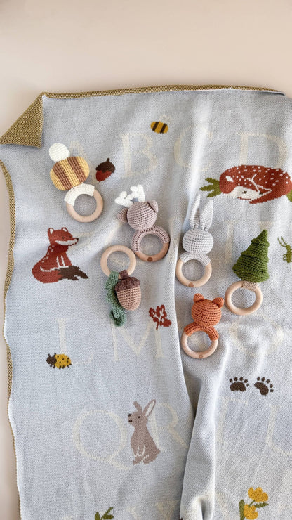 Blueberry Hill Grey Bunny Crochet Baby Teether &amp; Rattle