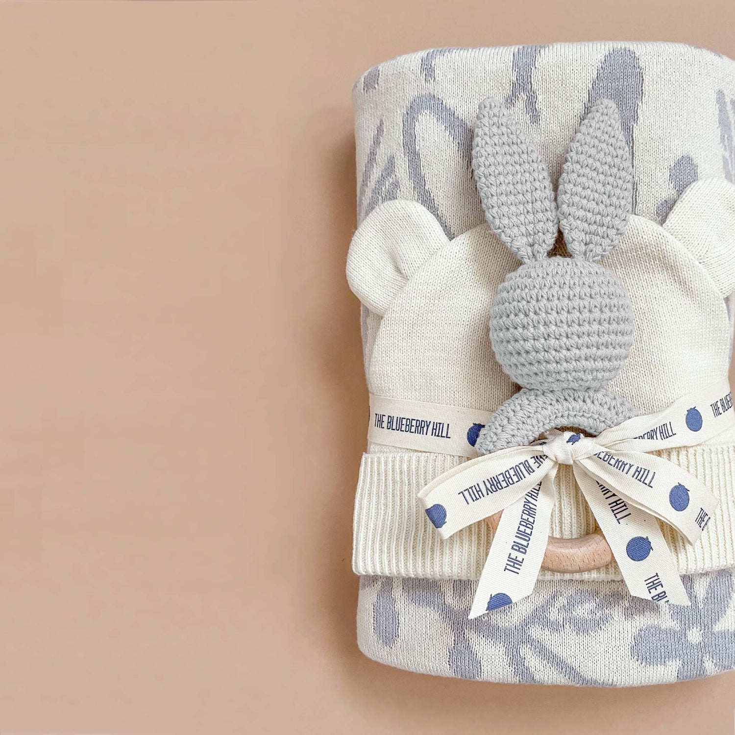 Blueberry Hill Grey Bunny Crochet Baby Teether &amp; Rattle