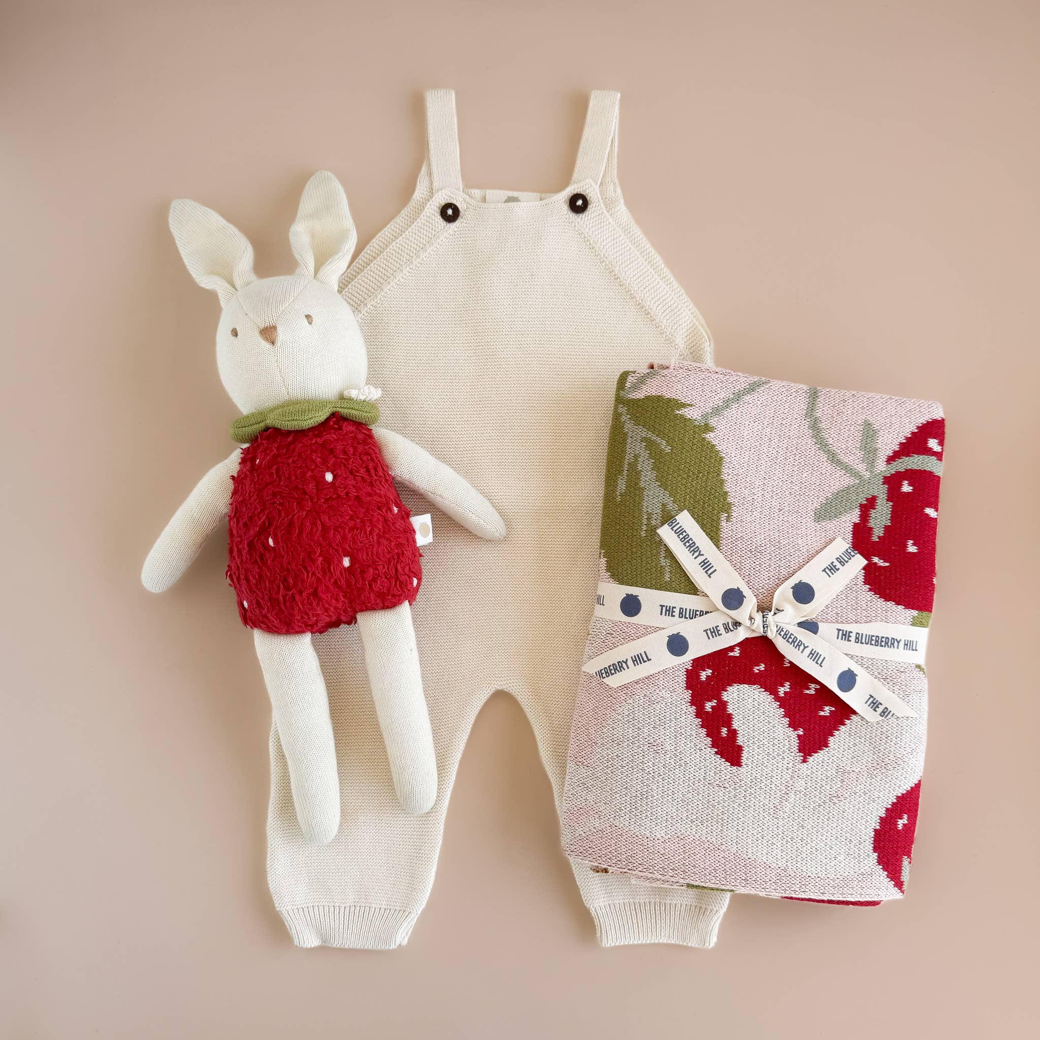 The Blueberry Hill baby outfit with bunny plush toy and Strawberry Bunny blanket
