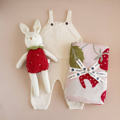 The Blueberry Hill baby outfit with bunny plush toy and Strawberry Bunny blanket
