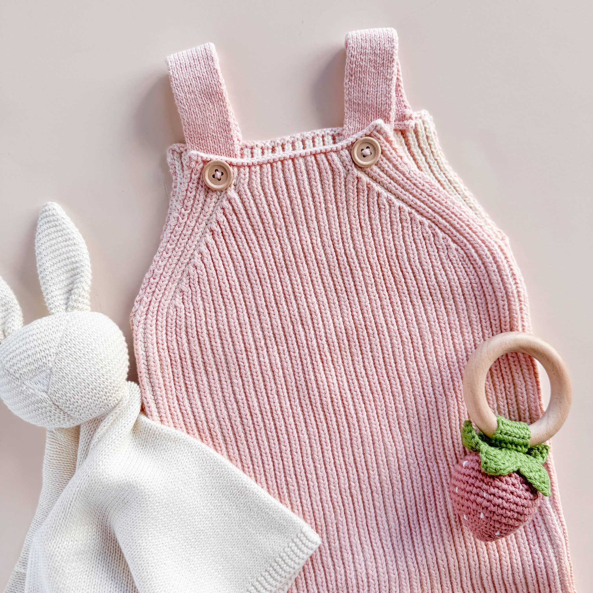 The Blueberry Hill - Teether Strawberry Pink Crochet Rattle Baby Toy Spring The Blueberry Hill