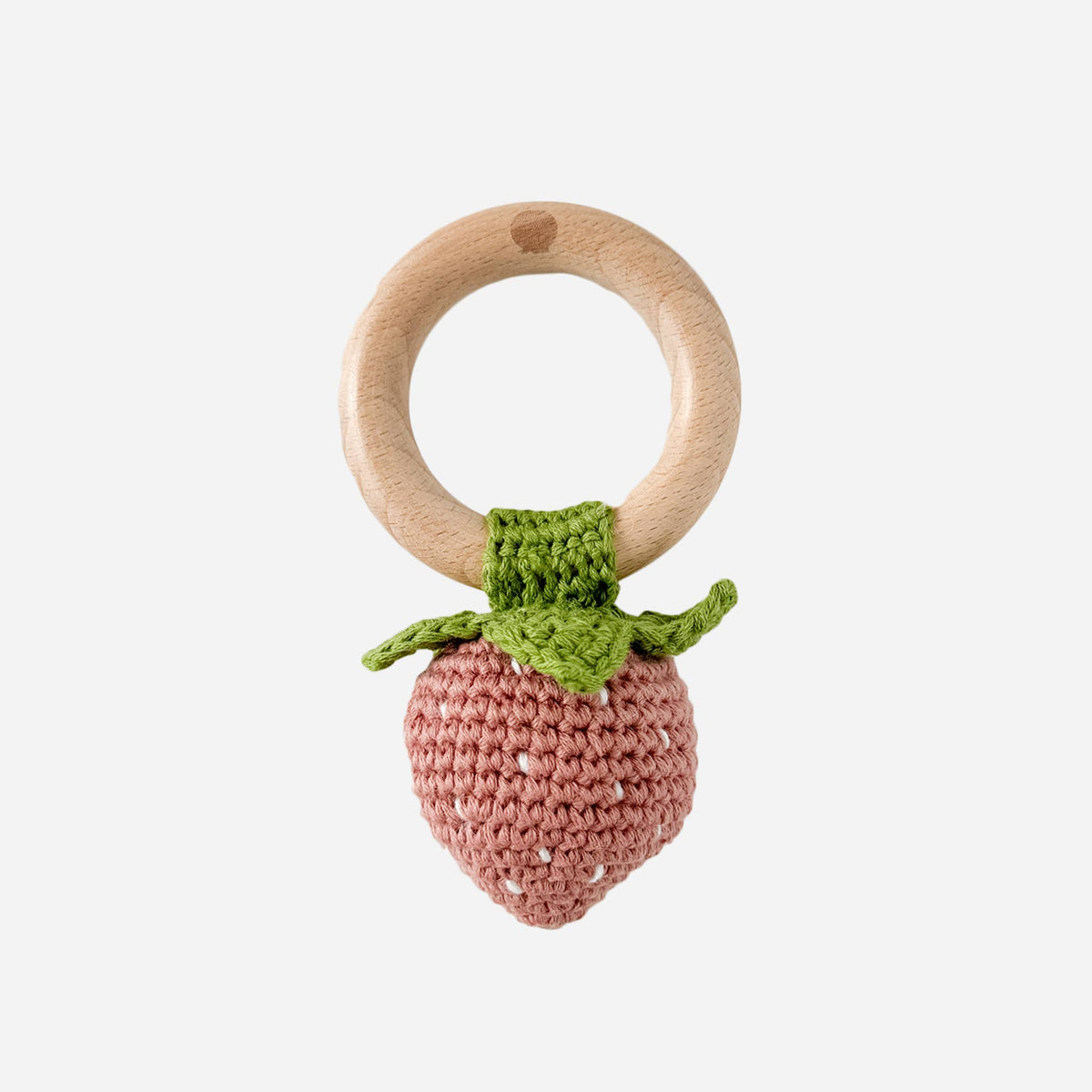 The Blueberry Hill - Teether Strawberry Pink Crochet Rattle Baby Toy Spring The Blueberry Hill