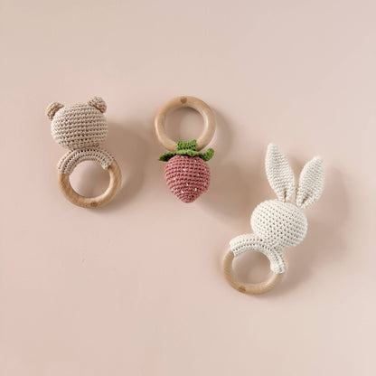 The Blueberry Hill - Teether Strawberry Pink Crochet Rattle Baby Toy Spring The Blueberry Hill