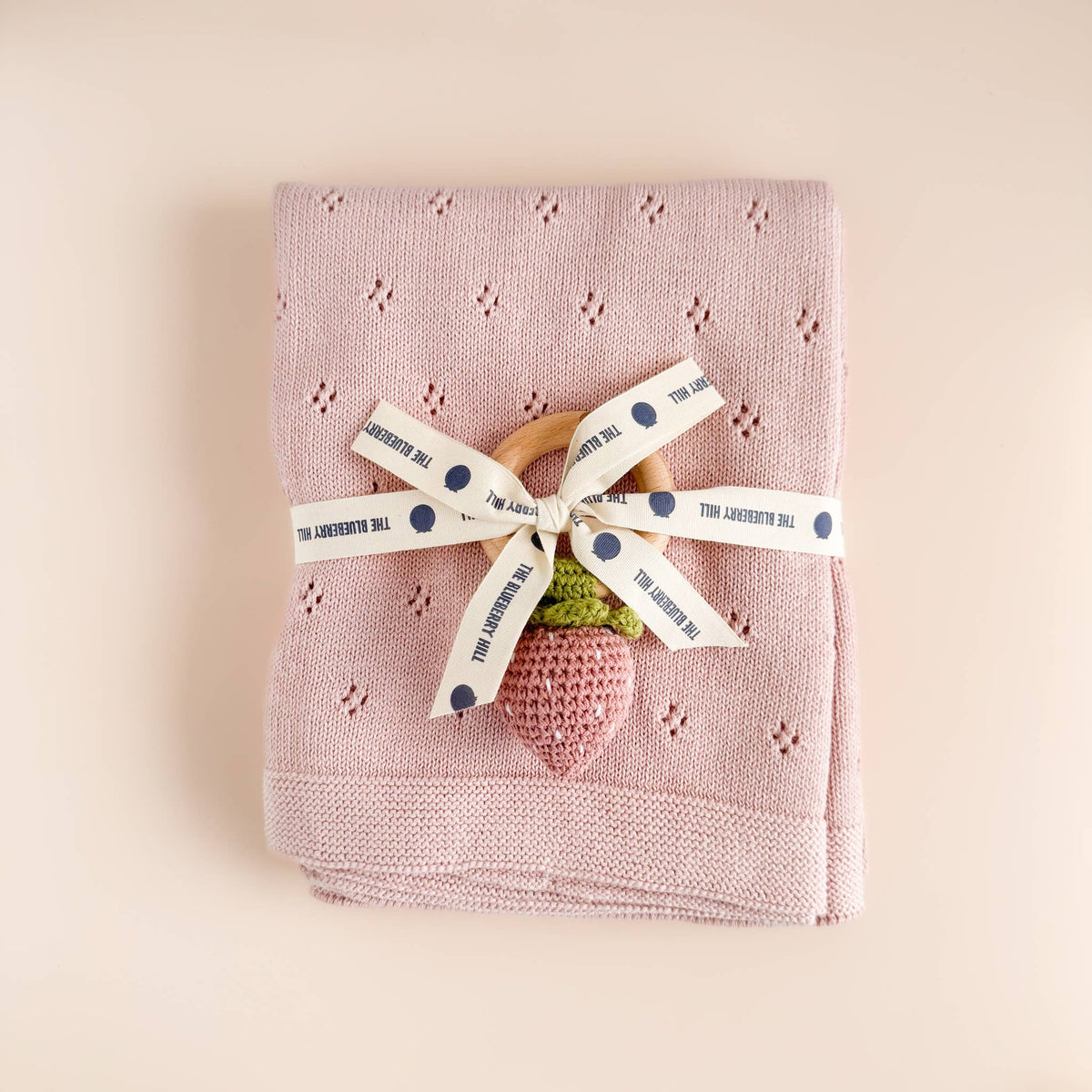 The Blueberry Hill - Teether Strawberry Pink Crochet Rattle Baby Toy Spring The Blueberry Hill