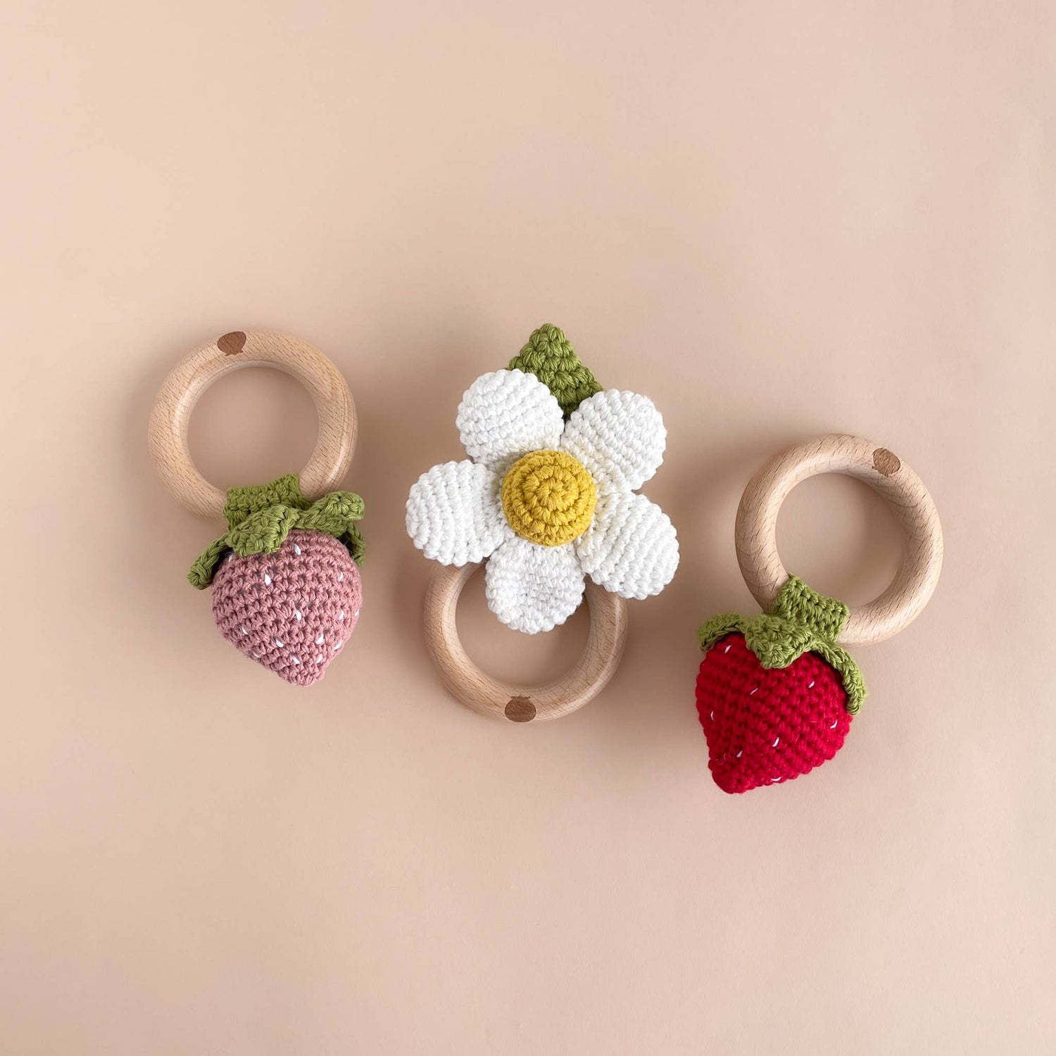 The Blueberry Hill - Teether Strawberry Red Cotton Crochet Rattle Baby Toy : In Stock The Blueberry Hill
