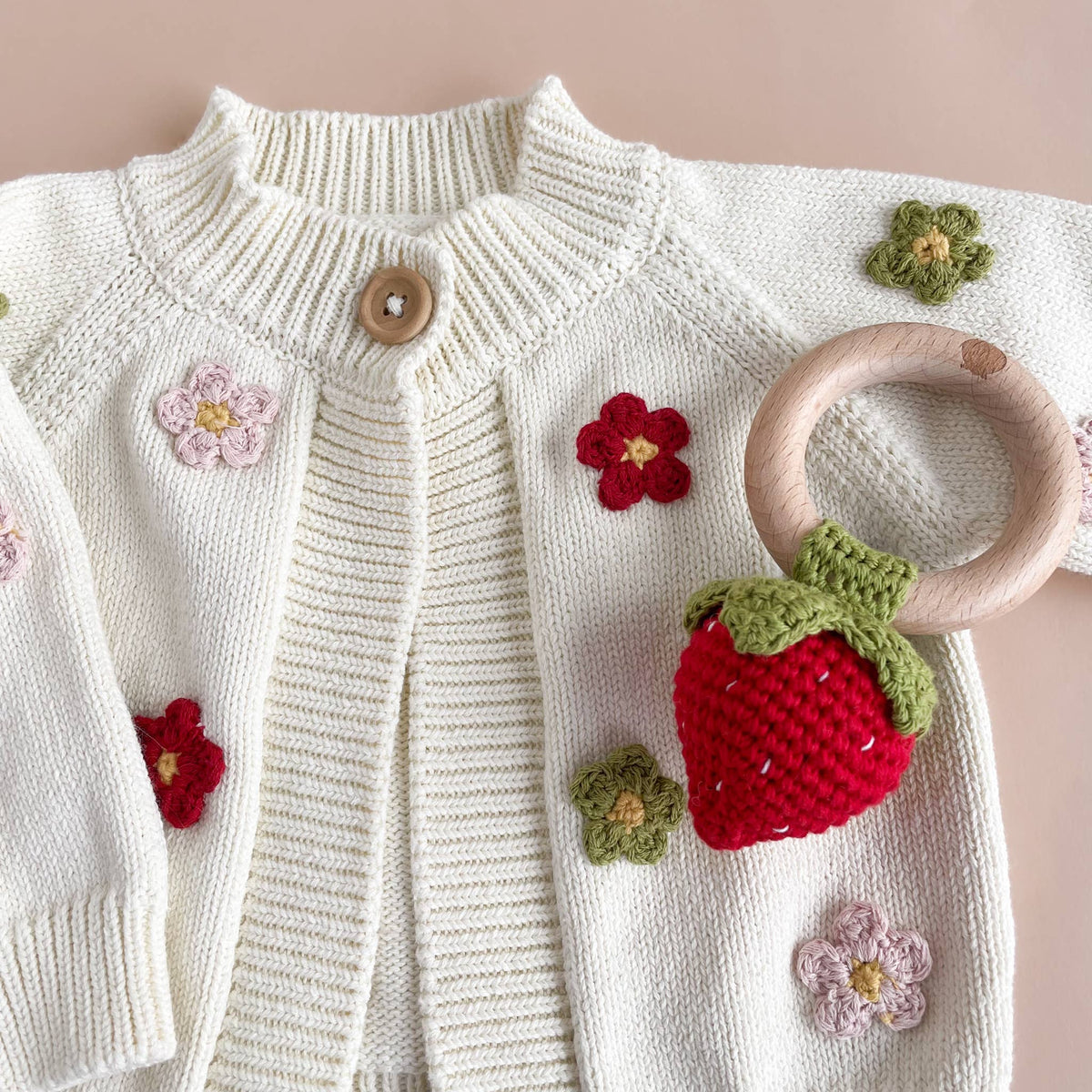 The Blueberry Hill - Teether Strawberry Red Cotton Crochet Rattle Baby Toy : In Stock The Blueberry Hill