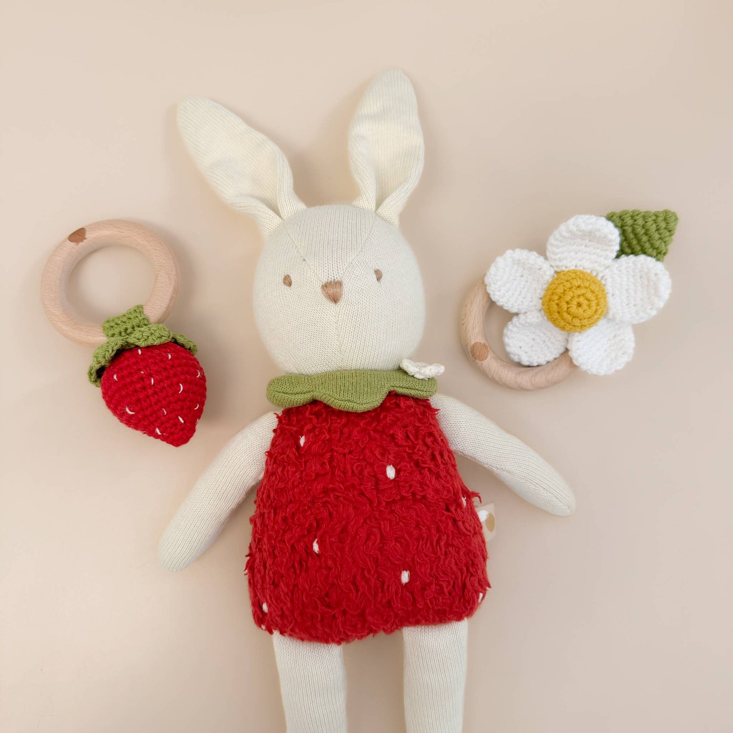 The Blueberry Hill - Teether Strawberry Red Cotton Crochet Rattle Baby Toy : In Stock The Blueberry Hill