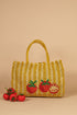 The Jacksons Tomatoes handmade jute tote bag featuring tomato appliqués and yellow striped design. Perfect for markets, beach days, and everyday carry.