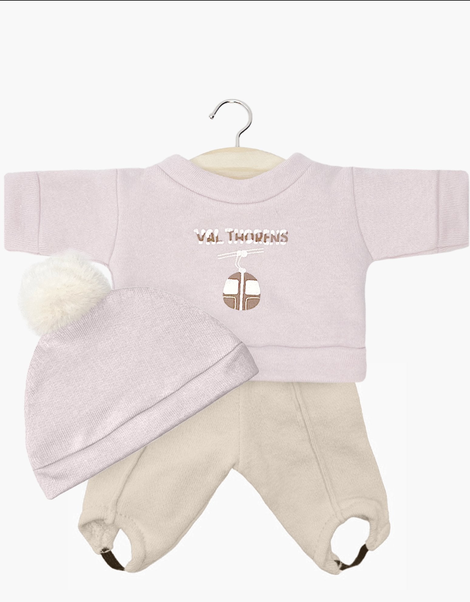 Doll | 13" Baby Girl Doll - Achille “Val Thorens” petal pink fleece sweatshirt and linen jersey leggings with hat set Minikane