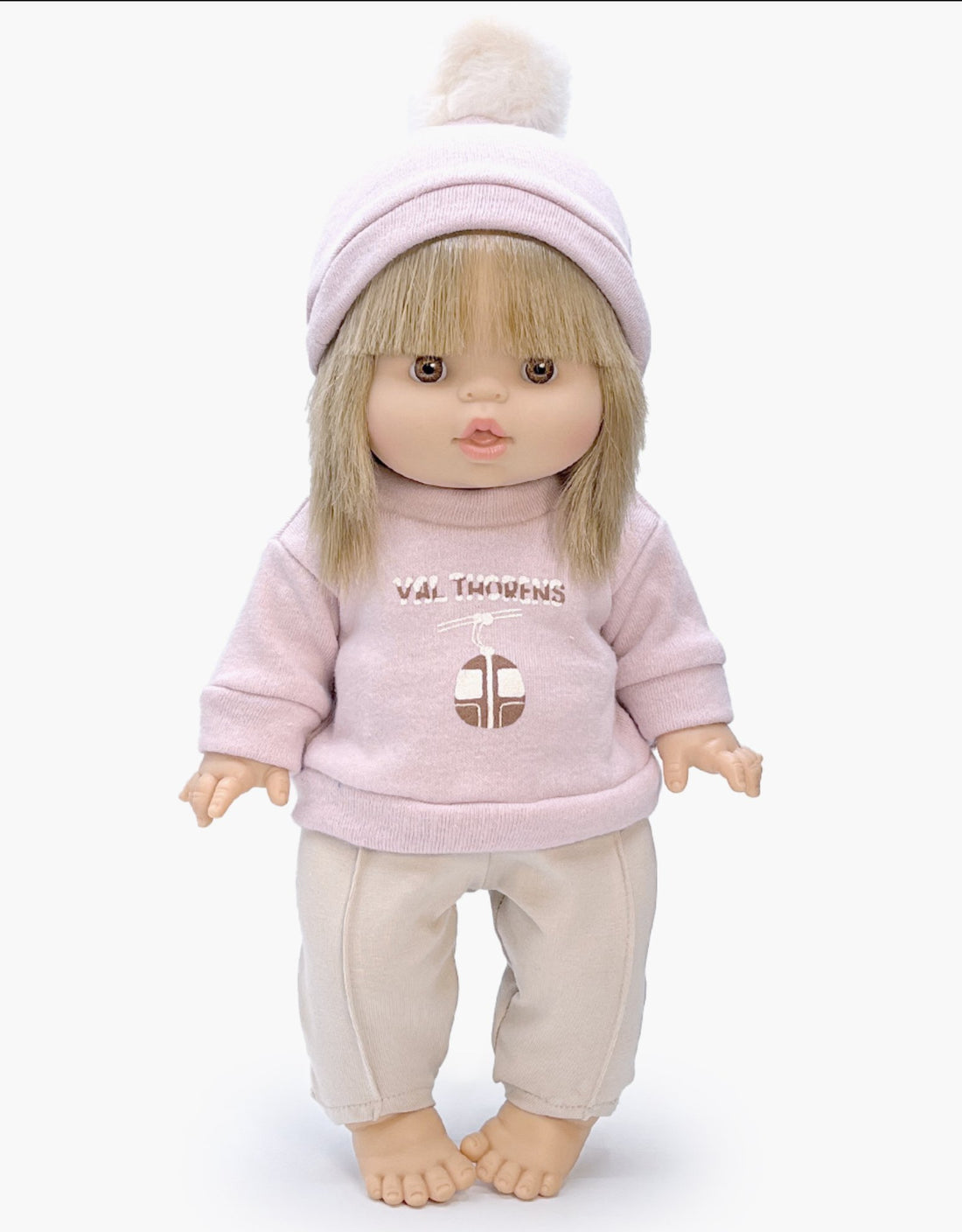 Doll | 13" Baby Girl Doll - Achille “Val Thorens” petal pink fleece sweatshirt and linen jersey leggings with hat set Minikane