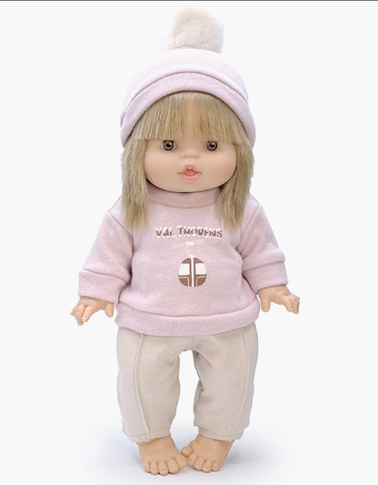 “Val Thorens” petal pink fleece sweatshirt and linen jersey leggings with hat set Minikane - enjoykidsus